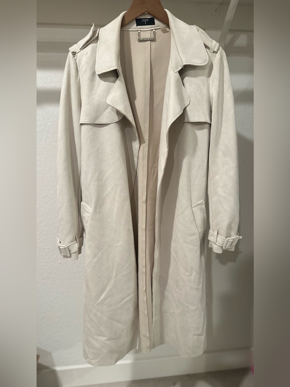 Tahari Light Cream Trench Coat with Draped Front